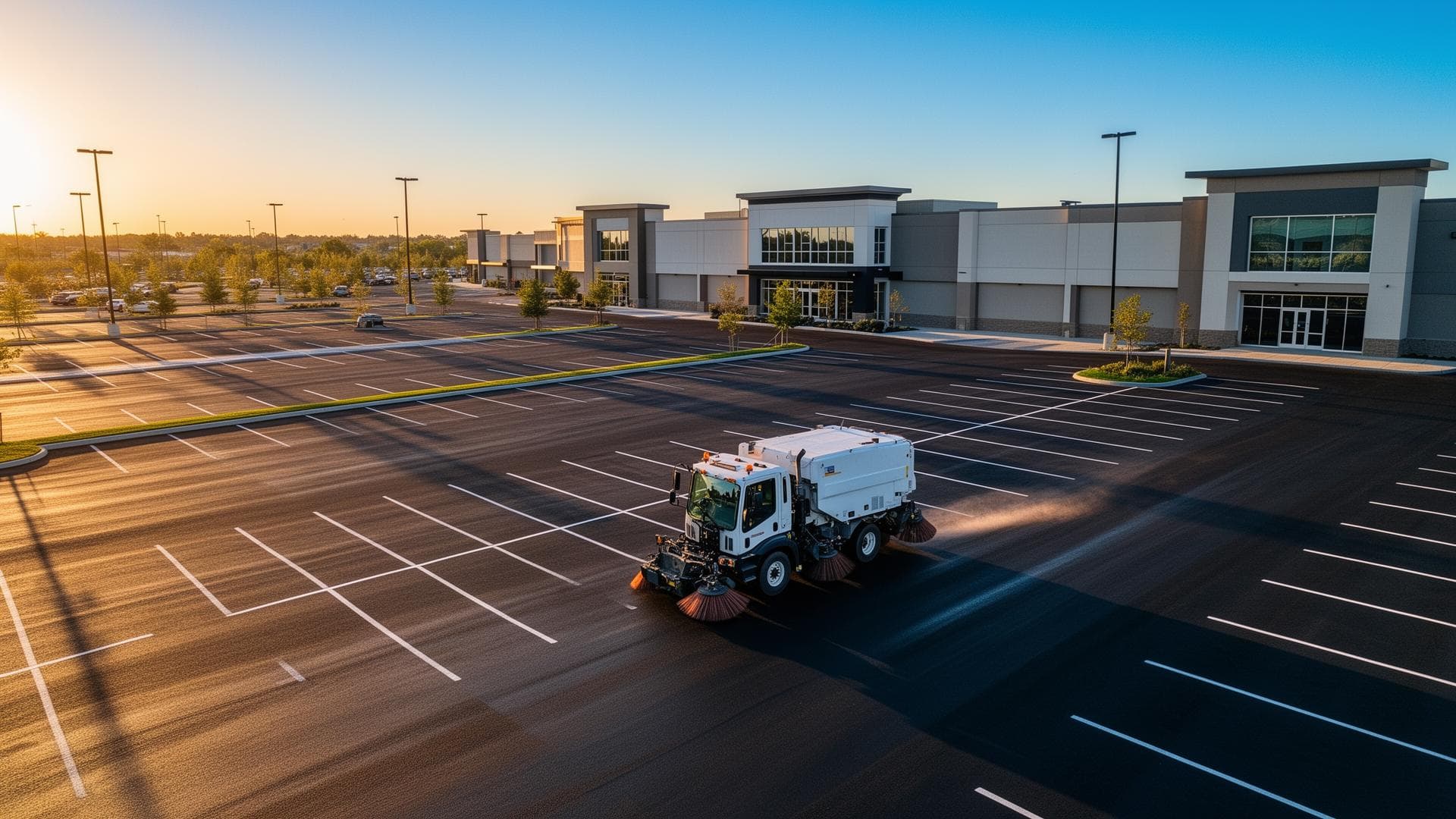 Parking lot sweeping truck servicing a commercial property